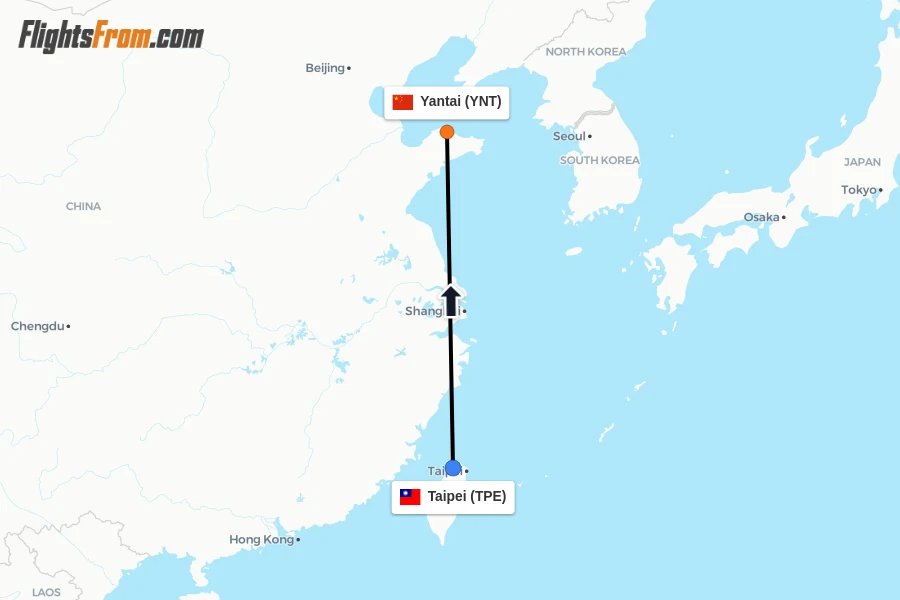 Flights from Taipei to Yantai route map