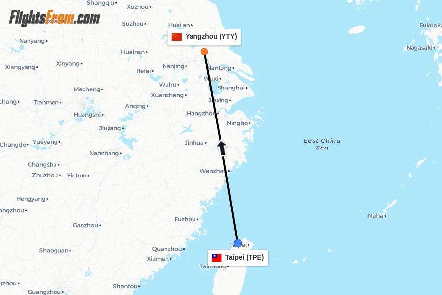 Flights from Taipei to Yangzhou route map