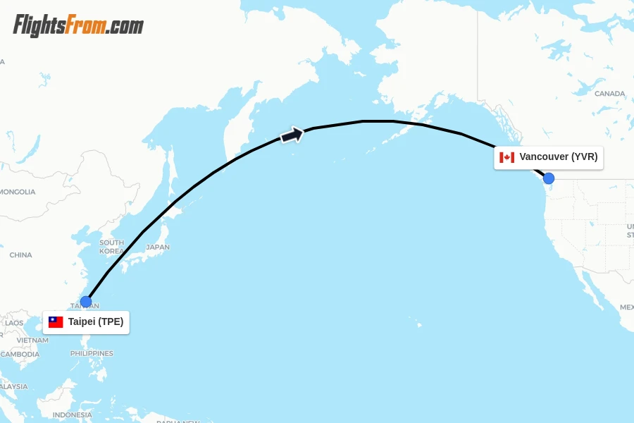 Flights from Taipei to Vancouver route map