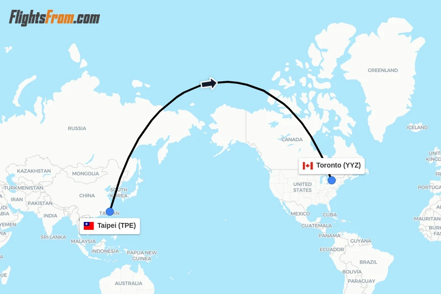 Flights from Taipei to Toronto route map