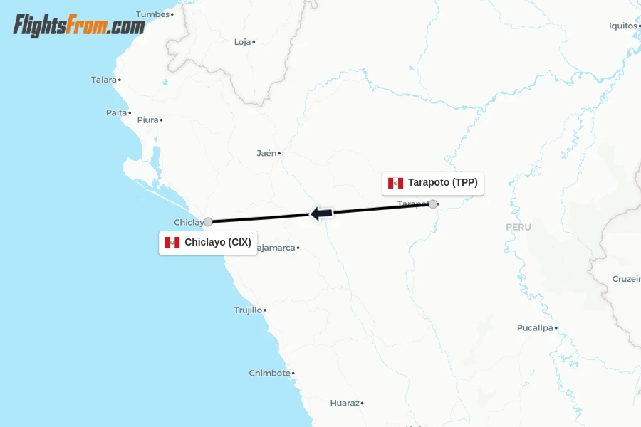 Flights from Tarapoto to Chiclayo route map