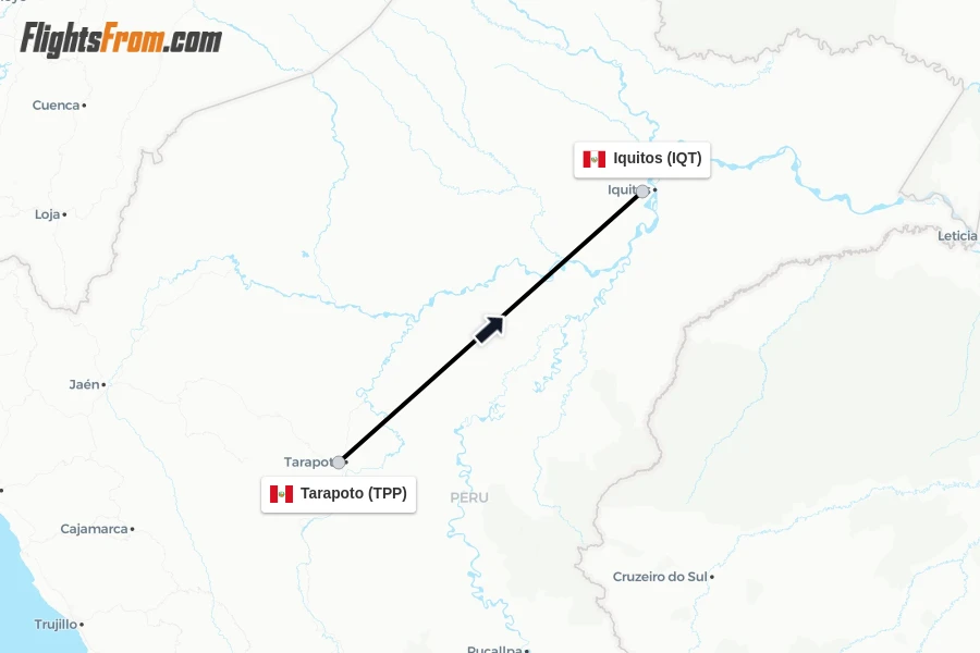 Flights from Tarapoto to Iquitos route map