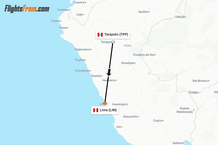 Flights from Tarapoto to Lima route map
