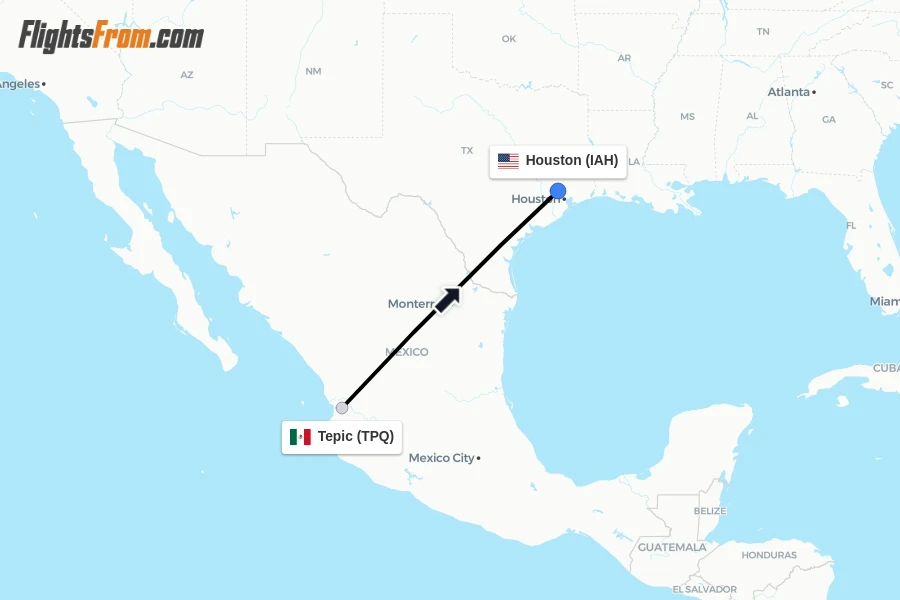 Flights from Tepic to Houston route map