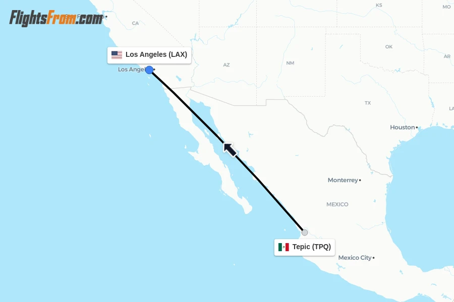 Flights from Tepic to Los Angeles route map