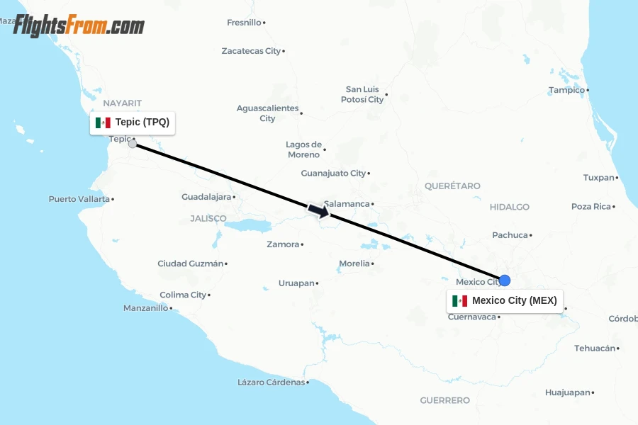 Flights from Tepic to Mexico City route map