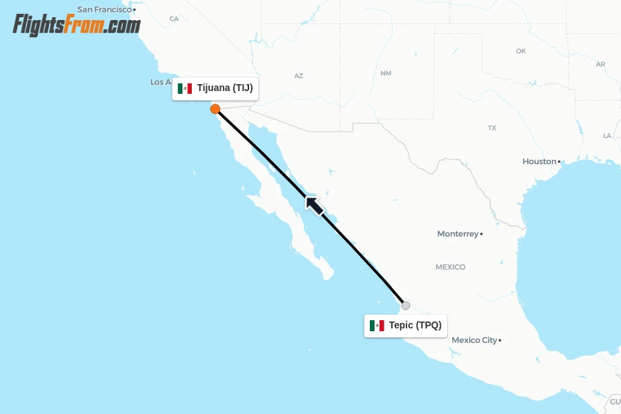Flights from Tepic to Tijuana route map