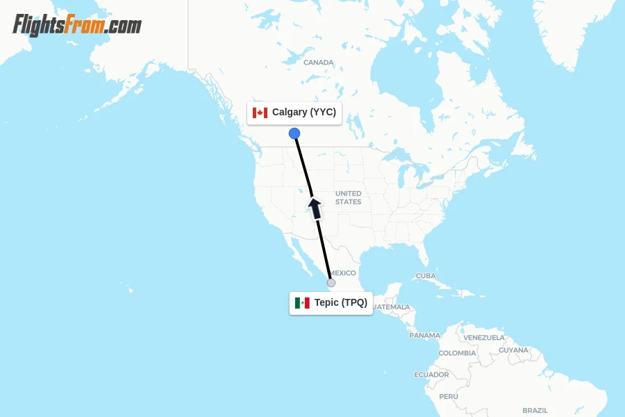 Flights from Tepic to Calgary route map