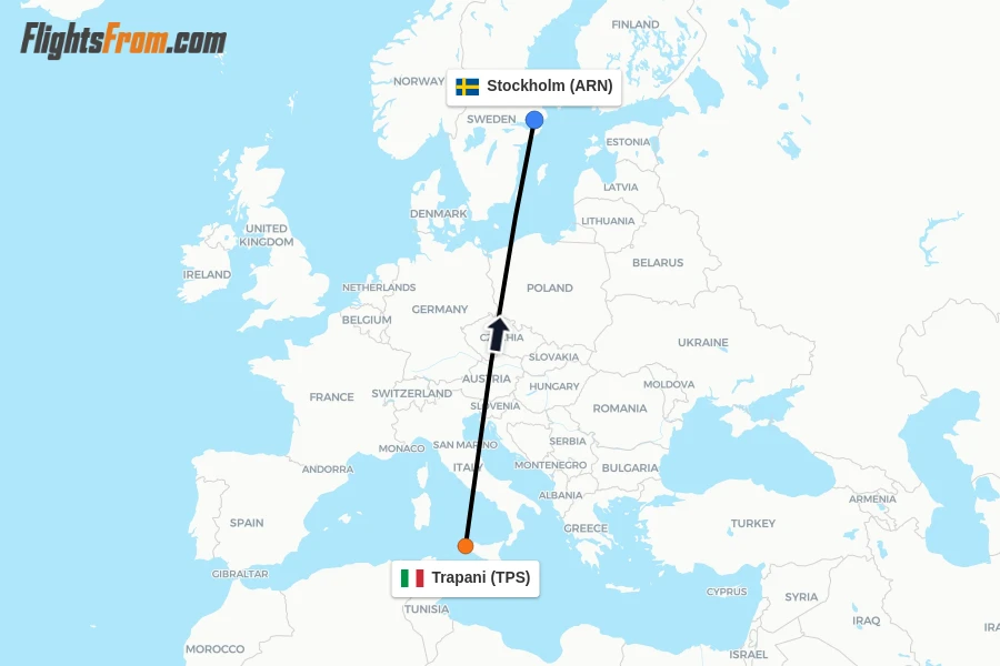 Flights from Trapani to Stockholm route map