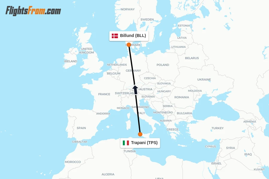 Flights from Trapani to Billund route map