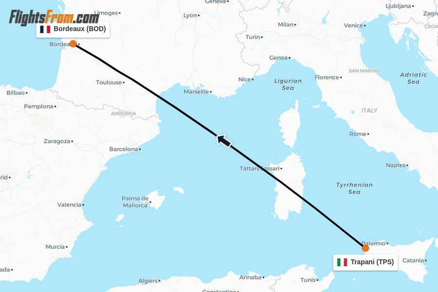 Flights from Trapani to Bordeaux route map