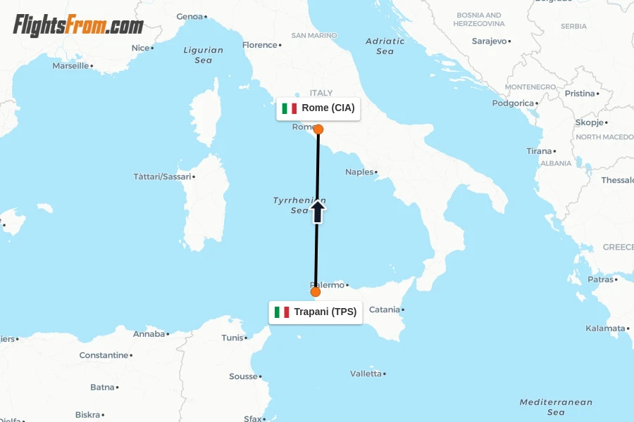Flights from Trapani to Rome route map