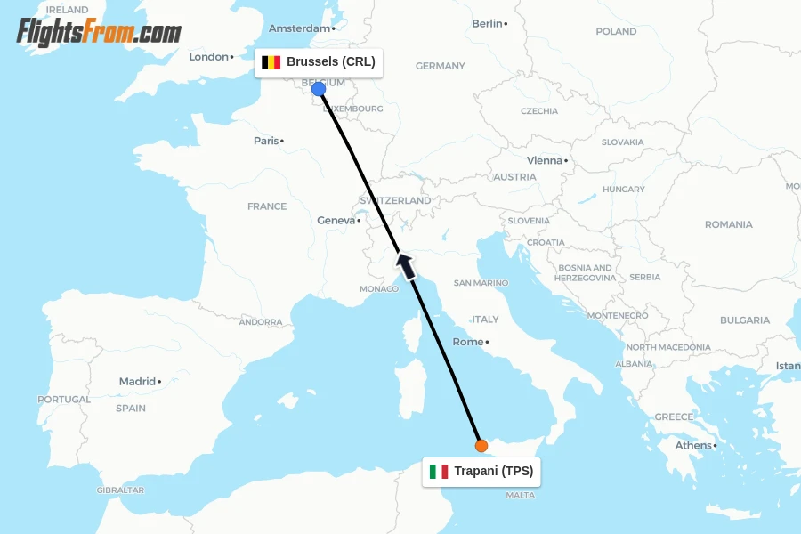 Flights from Trapani to Brussels route map