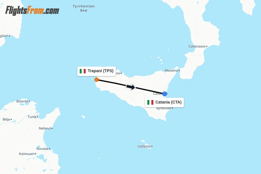 Flights from Trapani to Catania route map