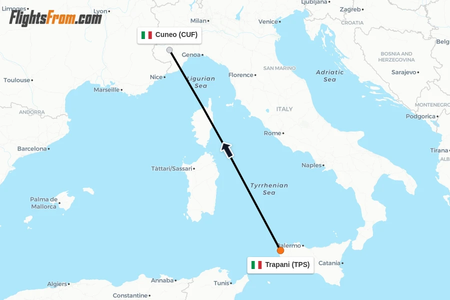 Flights from Trapani to Cuneo route map