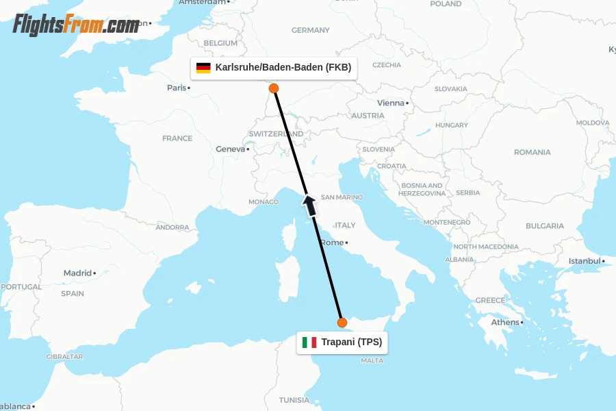 Flights from Trapani to Karlsruhe/Baden-Baden route map