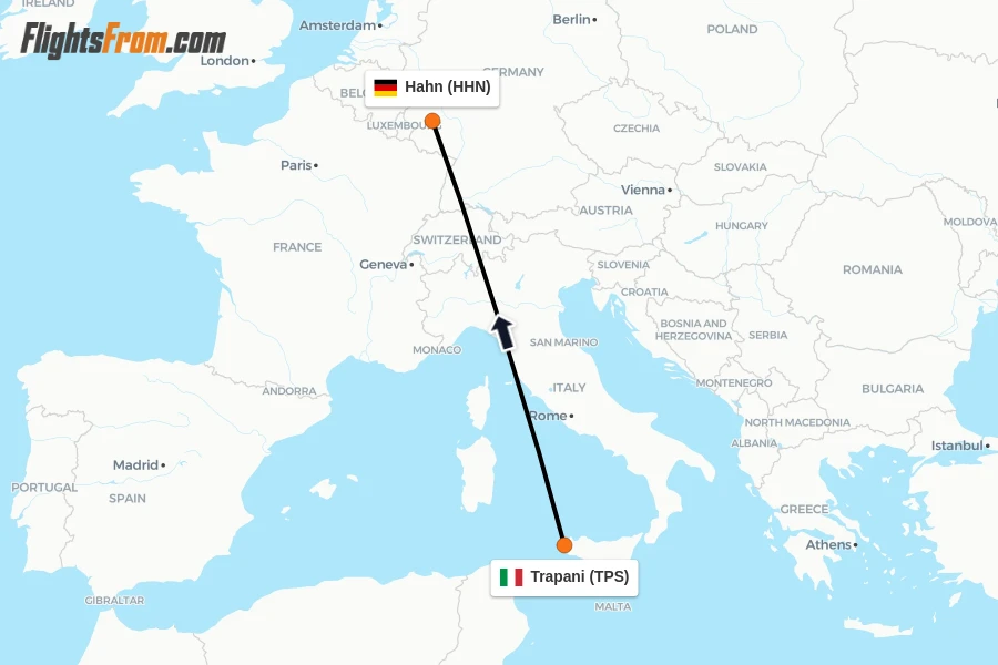 Flights from Trapani to Hahn route map