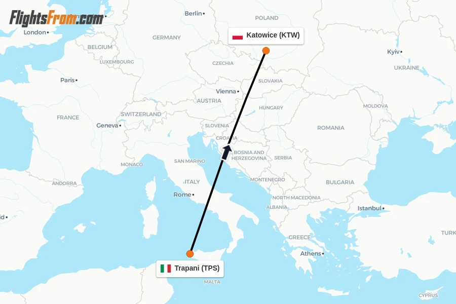 Flights from Trapani to Katowice route map