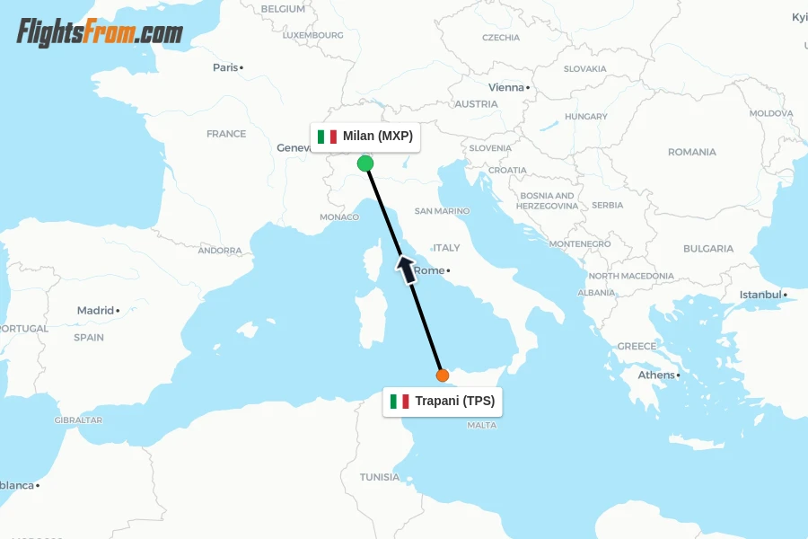 Flights from Trapani to Milan route map