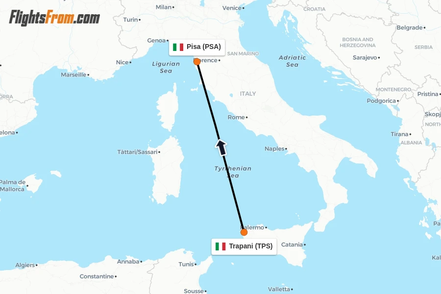 Flights from Trapani to Pisa route map