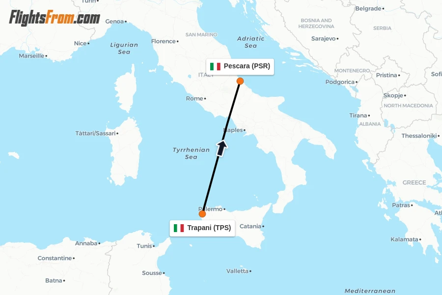Flights from Trapani to Pescara route map