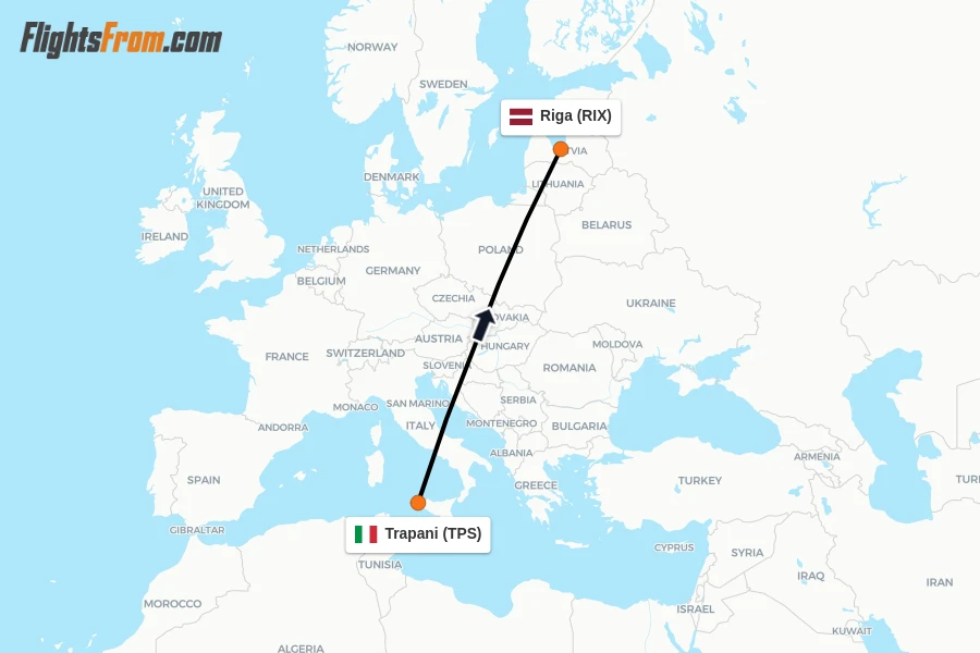 Flights from Trapani to Riga route map