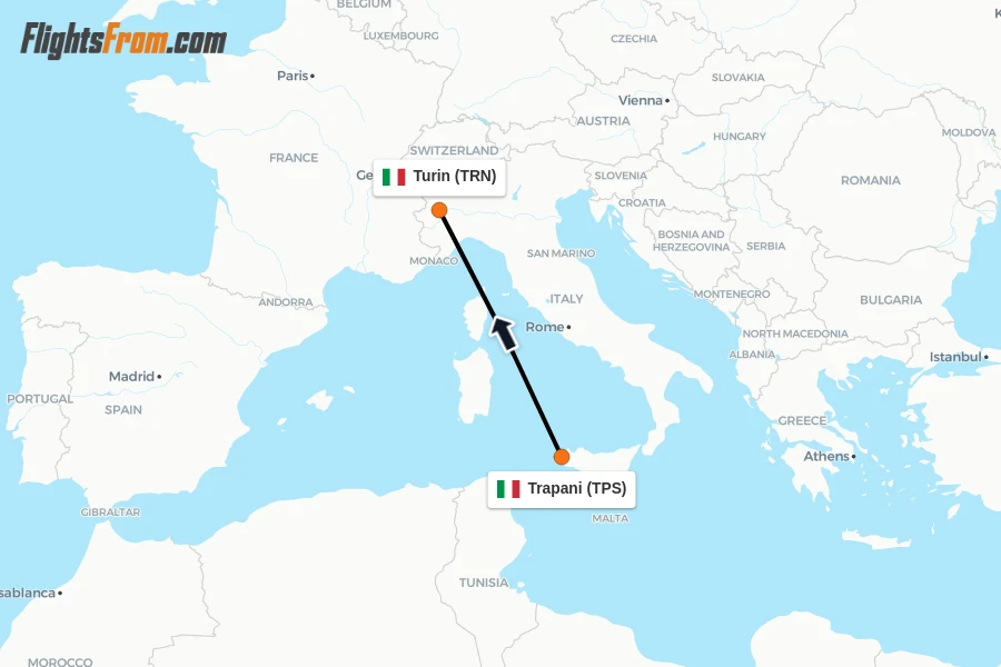 Flights from Trapani to Turin route map
