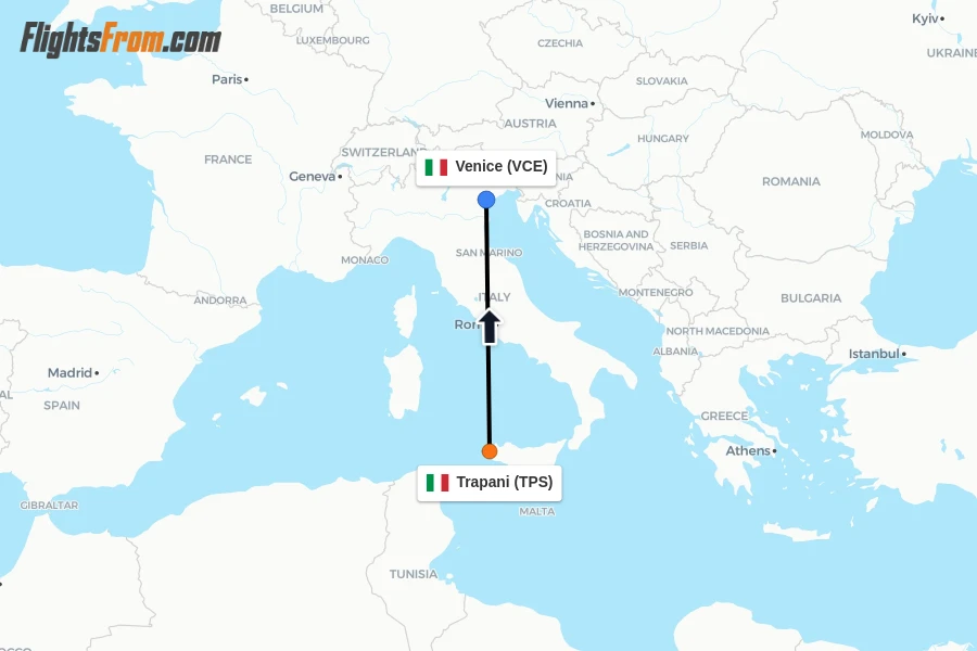 Flights from Trapani to Venice route map