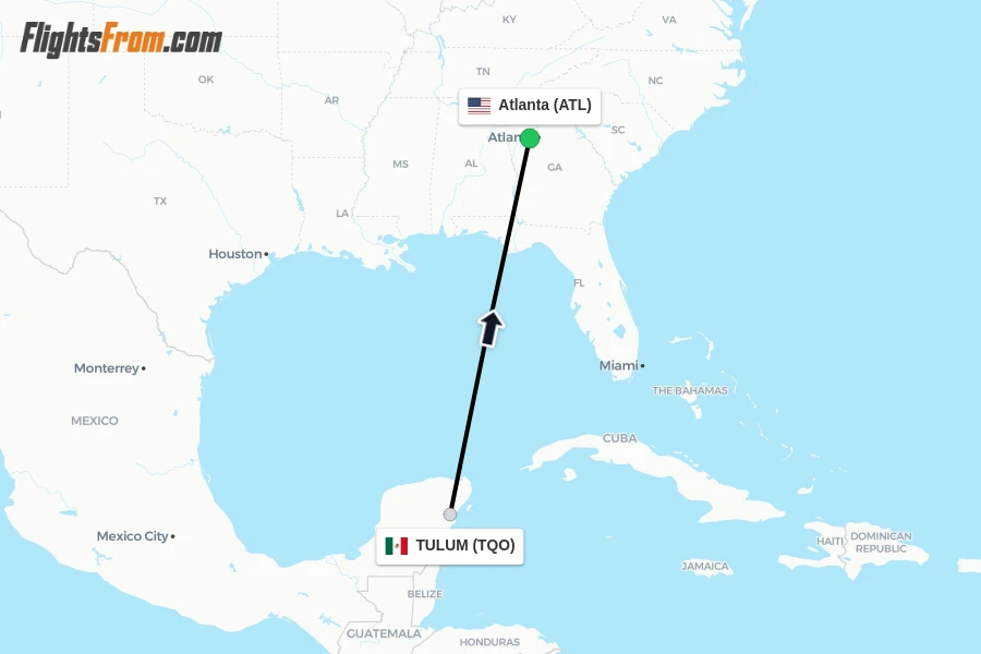 Flights from TULUM to Atlanta route map