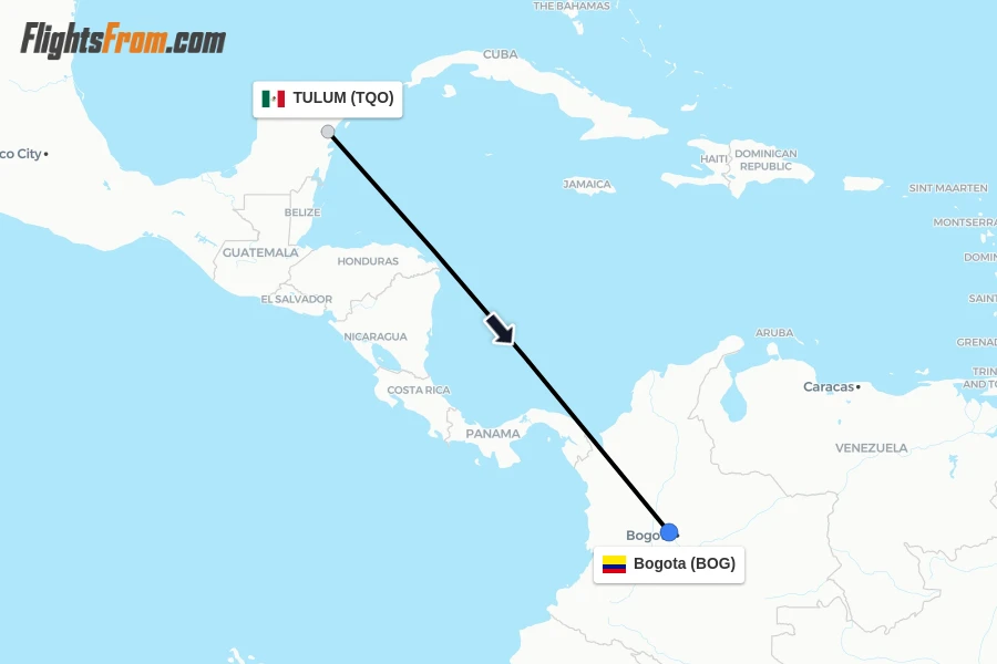 Flights from TULUM to Bogota route map