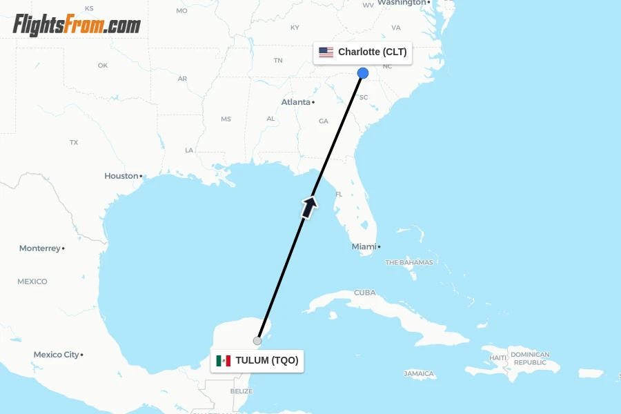 Flights from TULUM to Charlotte route map