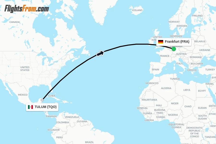 Flights from TULUM to Frankfurt route map
