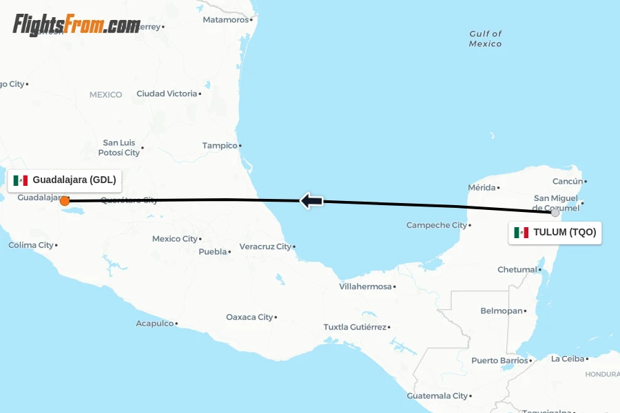 Flights from TULUM to Guadalajara route map