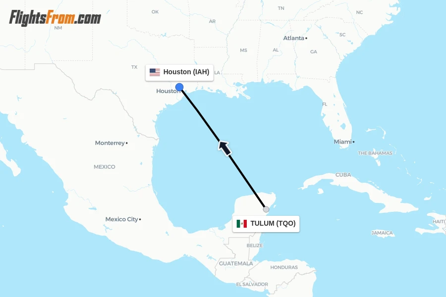 Flights from TULUM to Houston route map