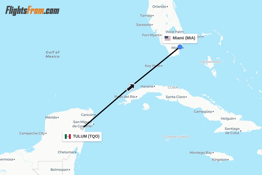 Flights from TULUM to Miami route map