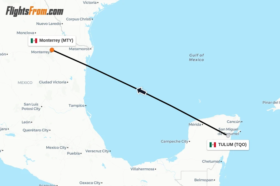 Flights from TULUM to Monterrey route map