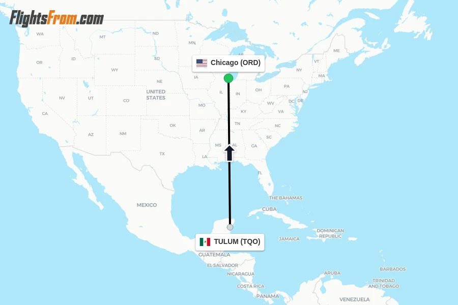 Flights from TULUM to Chicago route map