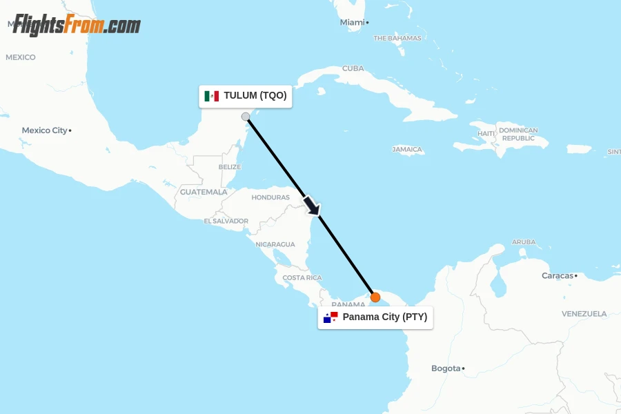 Flights from TULUM to Panama City route map