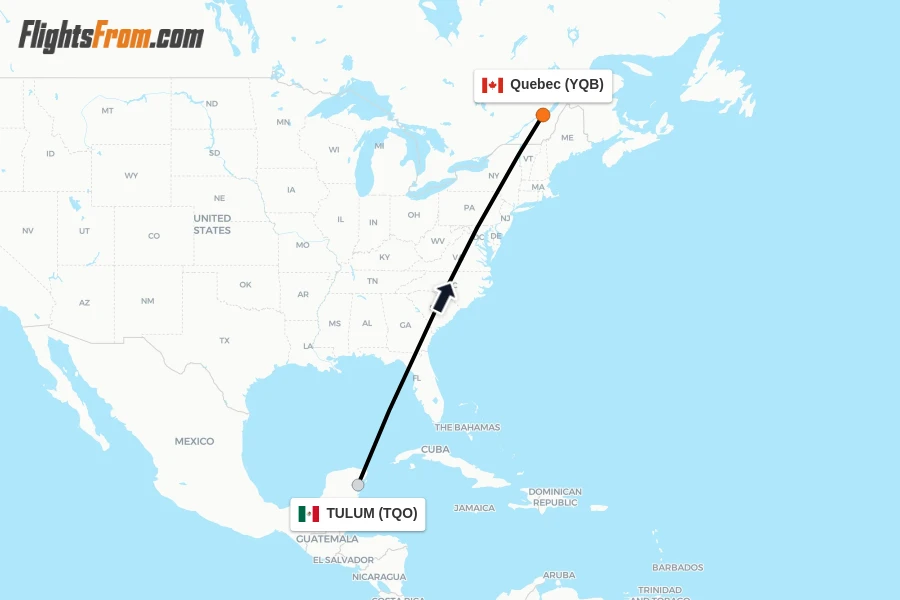 Flights from TULUM to Quebec route map