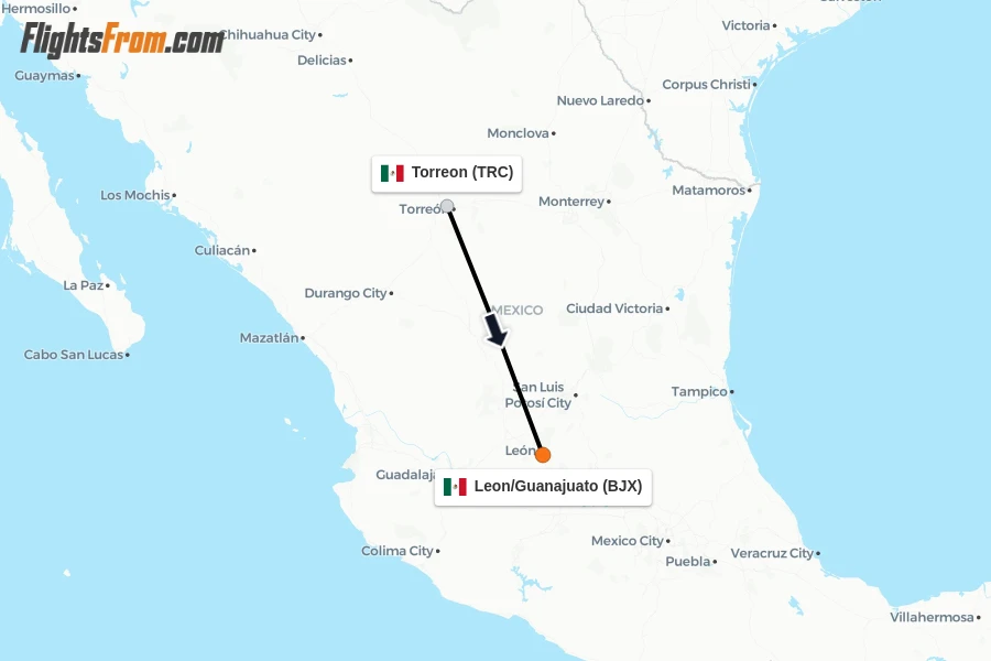 Flights from Torreon to Leon/Guanajuato route map