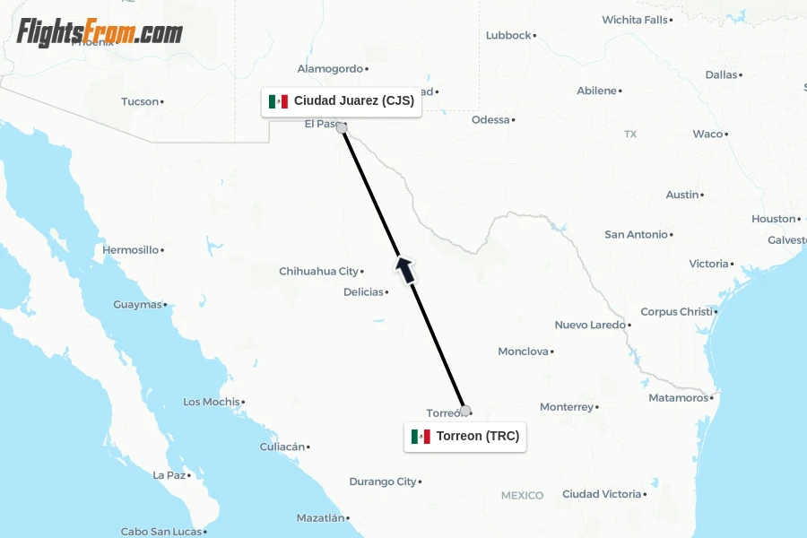 Flights from Torreon to Ciudad Juarez route map