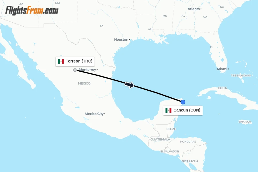 Flights from Torreon to Cancun route map