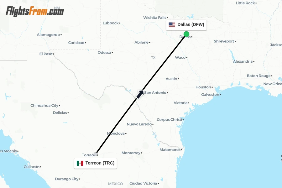 Flights from Torreon to Dallas route map