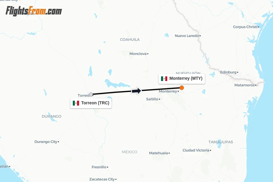 Flights from Torreon to Monterrey route map