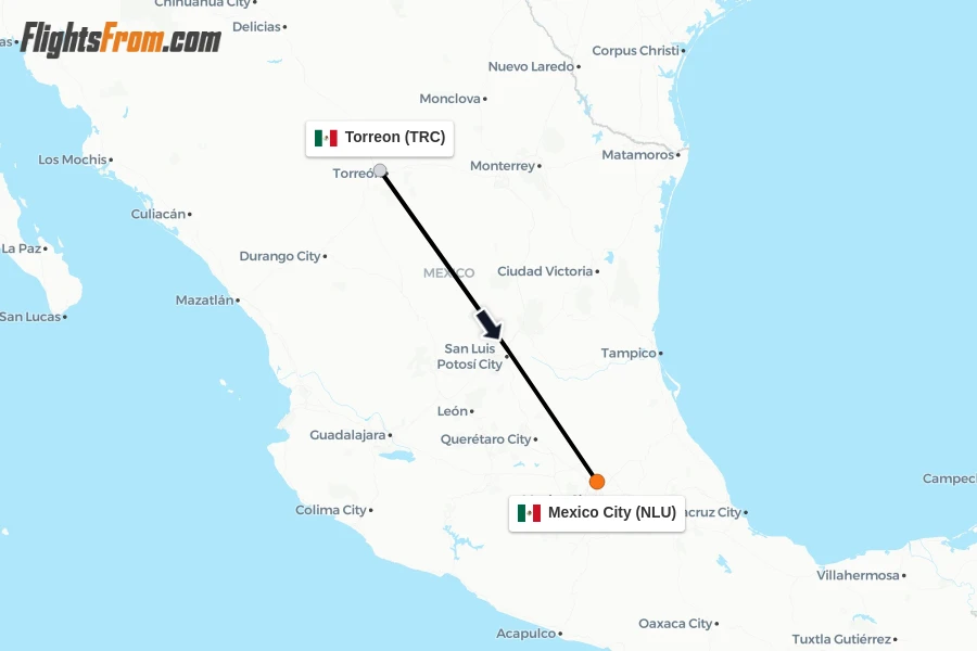 Flights from Torreon to Mexico City route map