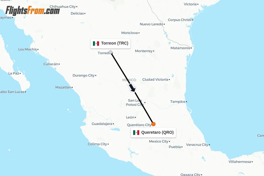 Flights from Torreon to Queretaro route map