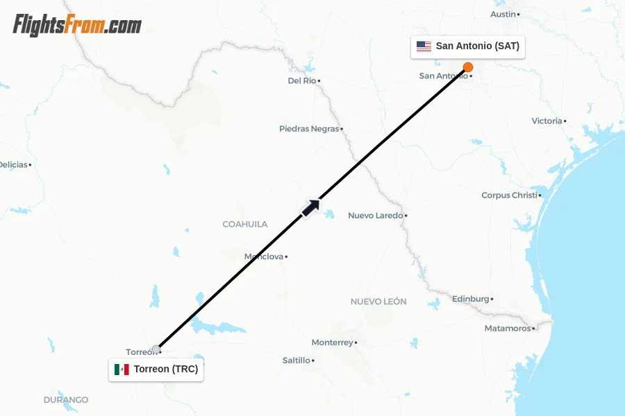 Flights from Torreon to San Antonio route map