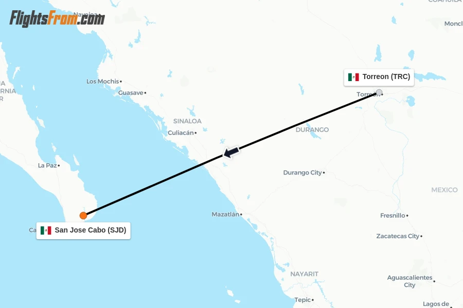 Flights from Torreon to San Jose Cabo route map