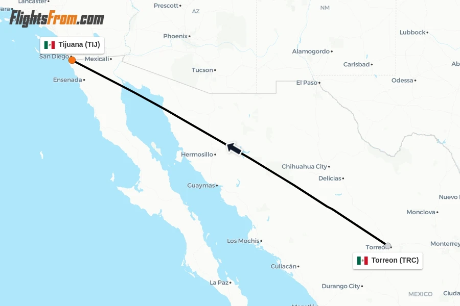 Flights from Torreon to Tijuana route map