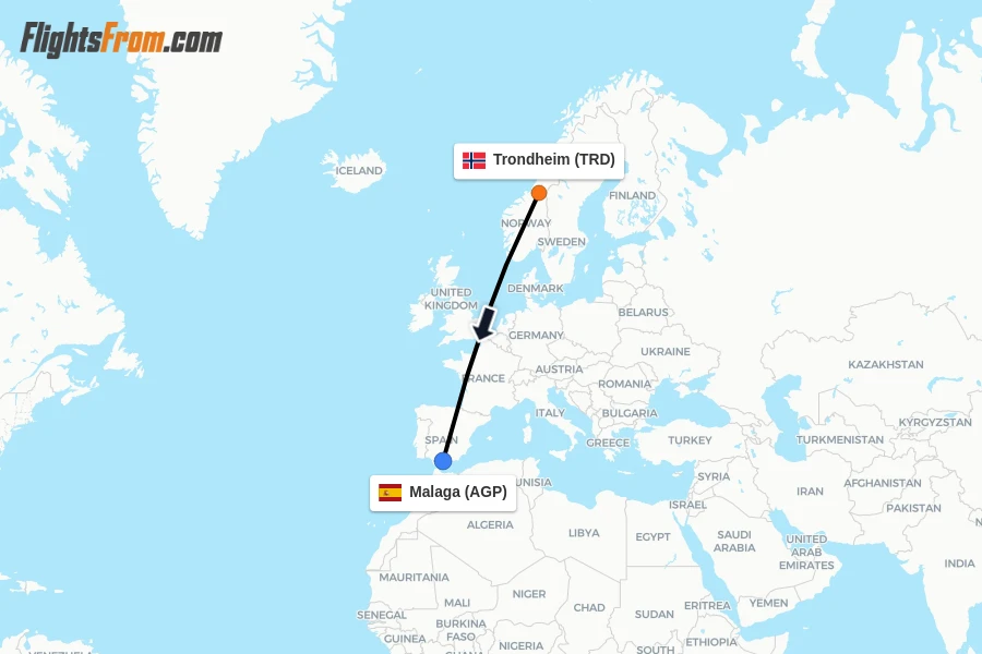 Flights from Trondheim to Malaga route map
